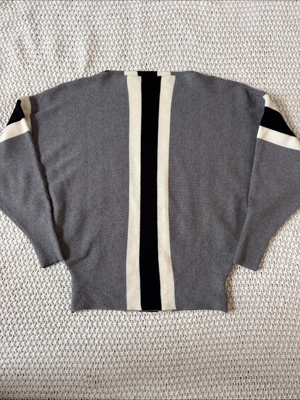 Gaberly Boat Neck Grey Black & Cream Contrast Stripe Women’s Ribbed Sweater